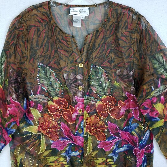 Vintage Diane Gilman Silk Blouse Tunic Top Sequined Floral Sheer size M Relaxed - Picture 2 of 11